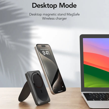 Magnetic Wireless Power Bank 10000mAh, 15W Wireless + PD 20W, 22.5W Max, USB-C + USB-A, Leather Stand