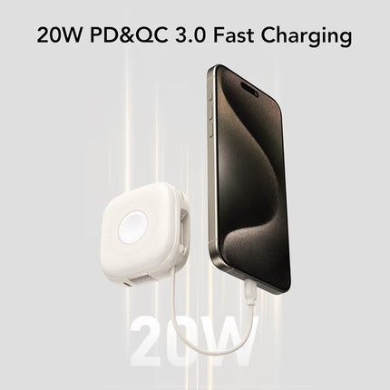 3-in-1 Magnetic Wireless Power Bank 10000mAh, 15W Wireless + PD 20W, Built-in Dual Cables, iWatch 2.5W, PD 3.0 + PPS, QC 3.0