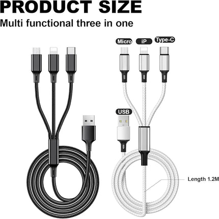 3-in-1 Fast Charging Cable, USB-A Multi Connector (Type-C + Lightning + Micro USB), 1.5m, 4.8A / 24W Max, Quick Fast Charging