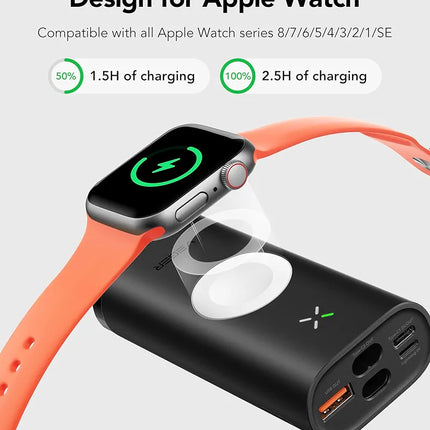 Mini Fast Charger Power Bank 10000mAh with Watch Wireless Charging, Built-In iOS Cable, 25W Max Output, Magnetic Hold + Kickstand