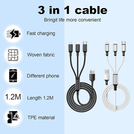 3-in-1 Fast Charging Cable, USB-A Multi Connector (Type-C + Lightning + Micro USB), 1.5m, 4.8A / 24W Max, Quick Fast Charging