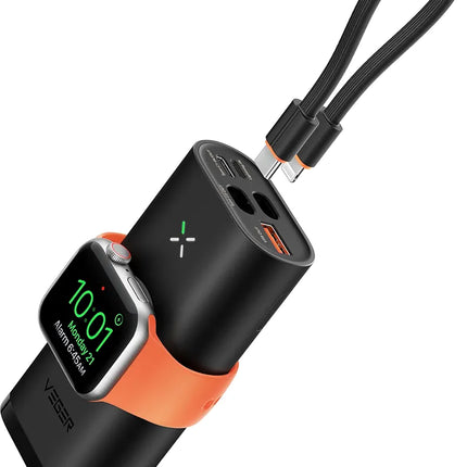 Mini Fast Charger Power Bank 10000mAh with Watch Wireless Charging, Built-In iOS Cable, 25W Max Output, Magnetic Hold + Kickstand