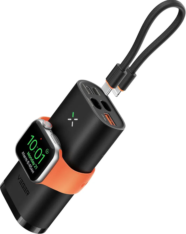 Mini Fast Charger Power Bank 10000mAh with Watch Wireless Charging, Built-In iOS Cable, 25W Max Output, Magnetic Hold + Kickstand