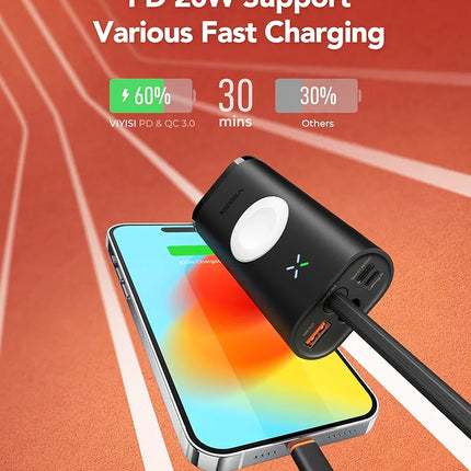 Mini Fast Charger Power Bank 10000mAh with Watch Wireless Charging, Built-In iOS Cable, 25W Max Output, Magnetic Hold + Kickstand