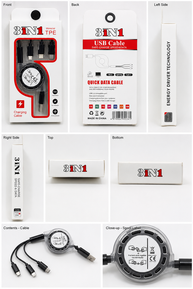 Retractable 3 In 1 USB Charging Cable