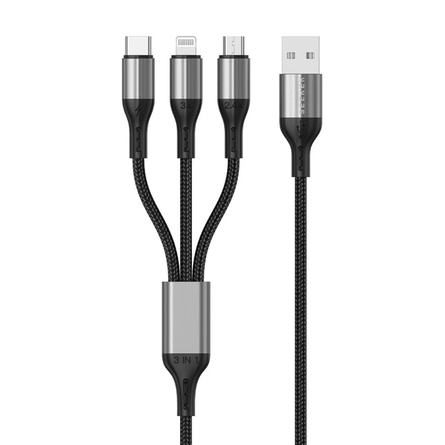 3-in-1 Fast Charging Cable, USB-A Multi Connector (Type-C + Lightning + Micro USB), 1.5m, 4.8A / 24W Max, Quick Fast Charging