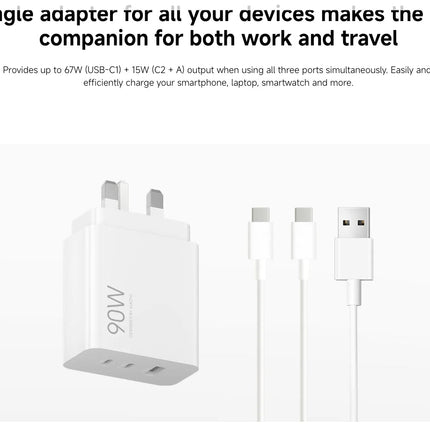 90W HyperCharge 3-Port Power Adapter (2× USB-C + 1× USB-A)