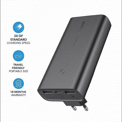 2-in-1 Power Bank + Wall Charger, 10000mAh, 22.5W Fast Charging, Folding Plug, USB-C + Dual USB-A, QC 3.0 + PD 3.0