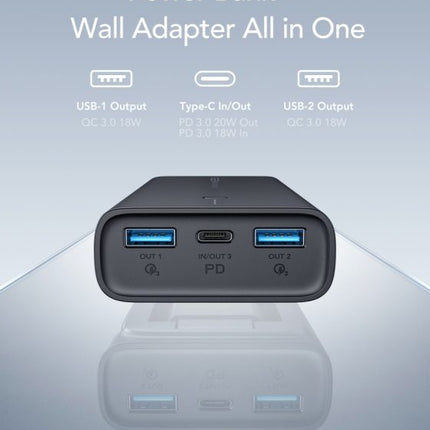 2-in-1 Power Bank + Wall Charger, 10000mAh, 22.5W Fast Charging, Folding Plug, USB-C + Dual USB-A, QC 3.0 + PD 3.0