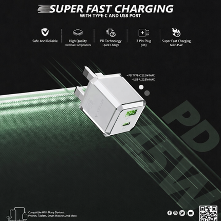 45W Fast Wall Charger with USB-C PD and USB-A QC, 3-Pin Plug