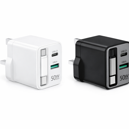 GaN 50W Fast Charger (PD + QC3.0) with Retractable Cable