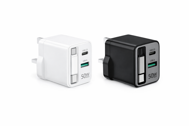 GaN 50W Fast Charger (PD + QC3.0) with Retractable Cable