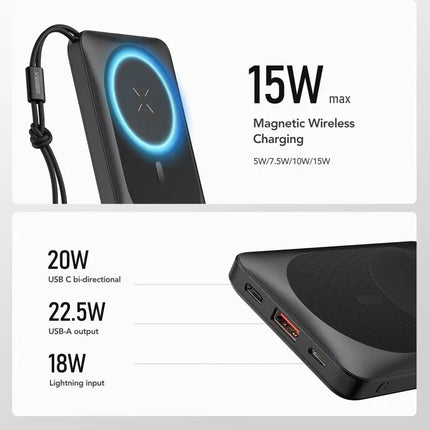 Magnetic Wireless Power Bank 10000mAh, 15W Wireless + PD 20W, 22.5W Max, USB-C + USB-A, Lightning Input
