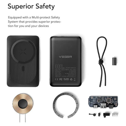Magnetic Wireless Power Bank 10000mAh, 15W Wireless + PD 20W, 22.5W Max, USB-C + USB-A, Lightning Input